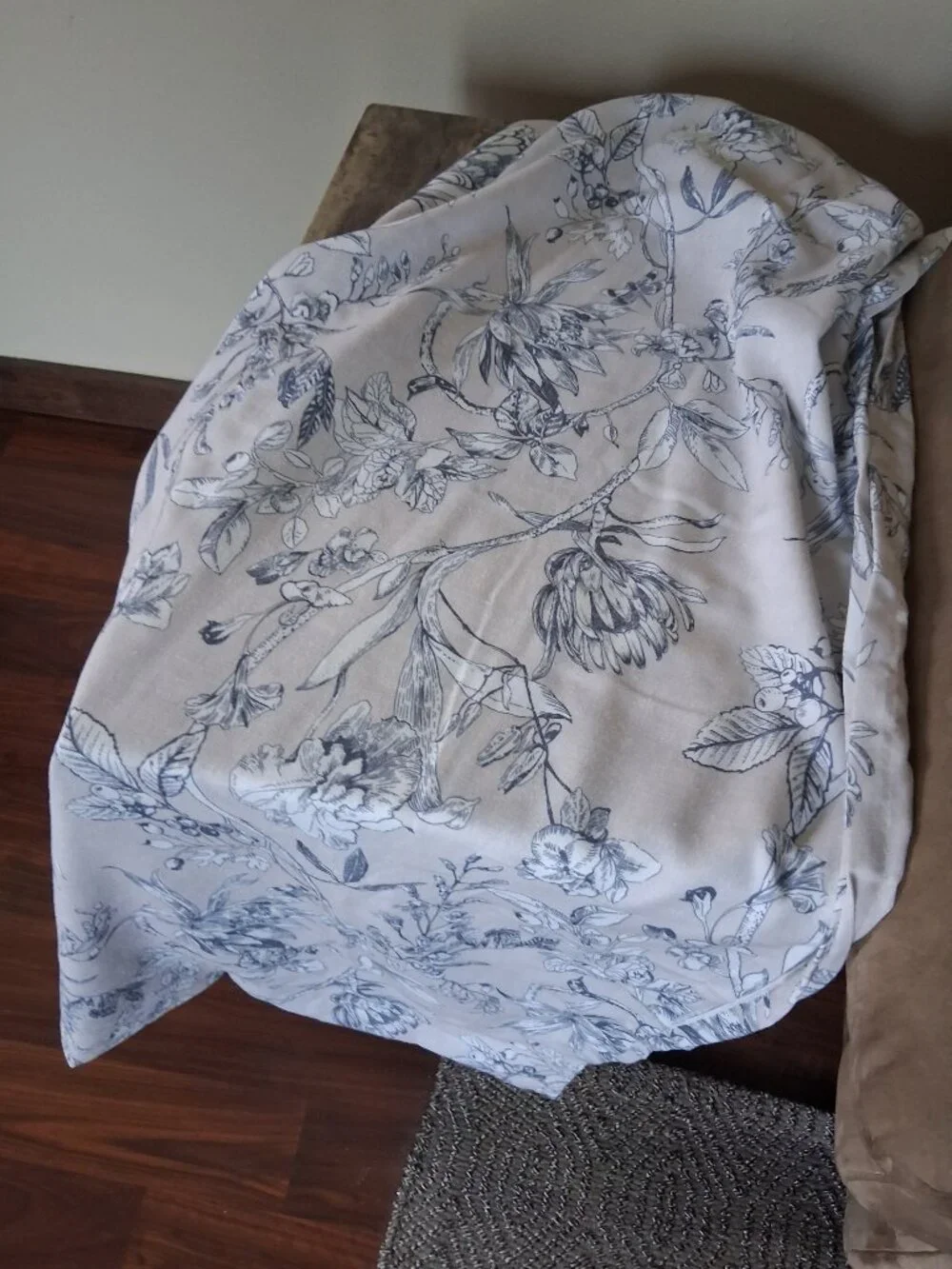 Grey Background with Blue/White Floral 50W x 95L UNLINED Linen Blend Drapes